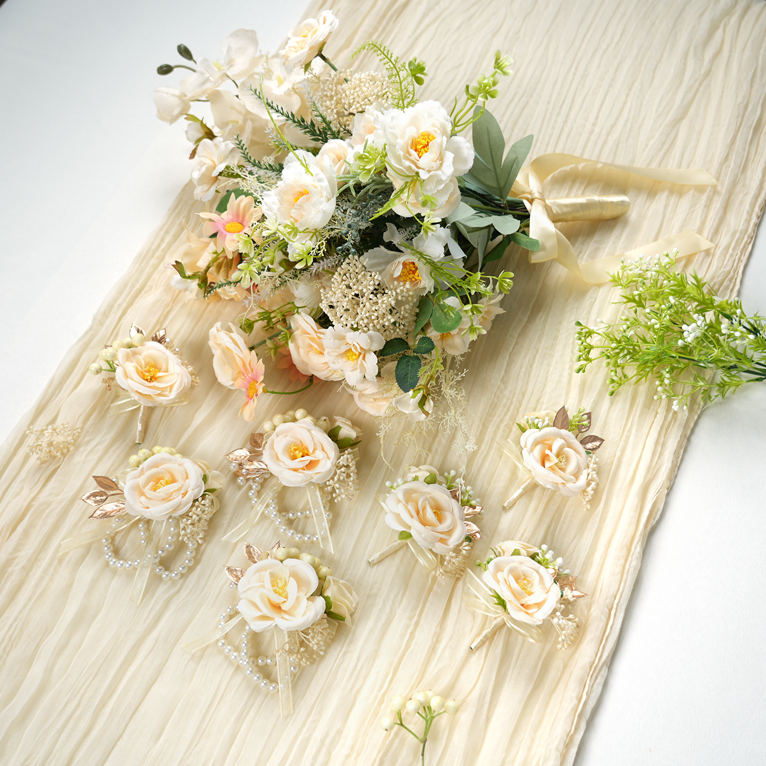 Uflower Champagne Series Bride Bouquet Wrist Corsage Groom Boutonniere Wedding Event Supplies